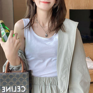 เสื้อกั๊กสปอร์ตแขนกุดผ้าฝ้ายแท้สีขาวสำหรับผู้หญิง ชุดทำงาน ชั้นใน สีดำ 2023 ใหม่ เสื้อชั้นในทรงเข้ารูป คอวี แขนกุด