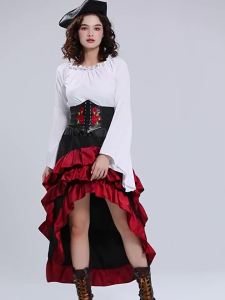 Halloween Costume   Medieval Ocean Captain Pirate Queen Waist Ruffle Dress   Navigator cos Clothing