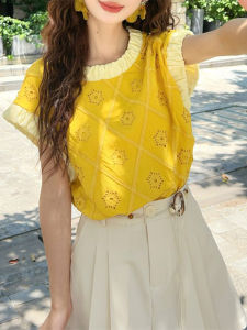 Shalldoer | Retro Hong Kong Style Round Neck Hollow Out Fleece Sleeve Shirt Womens Summer New Fashion Color Block Design Top Casual Loose Fit