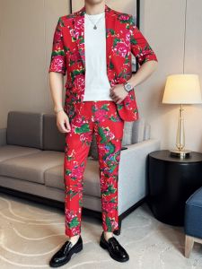 New Chinese Style Slim Fit Short Sleeve Suit Jacket Mens Northeast Big Flower mid Sleeve Small Western Suit Nine Pants Set