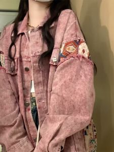 Retro Distressed Denim Jacket Womens Autumn Winter Loose Fit Patchwork Design Trendy Open Cardigan Jacket Cotton Blend