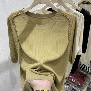 Plus Size Womens Clothing Ice Silk Knitted Short Sleeve Female Summer New Beaded Design Blouse Loose Slimming Mesh T-shirt