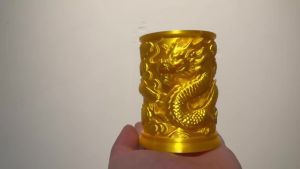 Matte Gold Chinese Dragon Embossed Pen Holder Oriental 3D Carved Dragon Sculpture Vintage Asian Aesthetic Desk Organizer