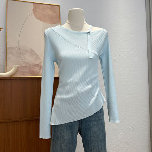 Slimming Effect Knitted Long Sleeve T-Shirt Womens Spring Autumn Inner Wear Fitted Base Shirt Elegant Asymmetrical Top