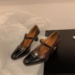 IELGY French Vintage Womens High Heels 2025 New Square Toe Block Heel Straight Buckle Mary Jane Shoes Colour-blocked Shoes