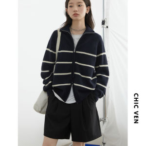 Red Striped Woolen Sweater Double Zipper Stand Collar Cardigan Chicven Timeless Style Warm Knitted Outerwear for Women