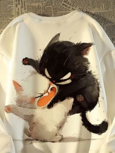 Guangzhou Thirteen Lines Export Tail Goods ~ American Retro Cat Printing Heavy Weight Pure Cotton round Neck Sweatshirt Mens and Womens Tops