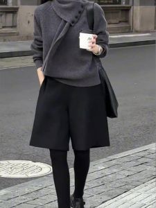 Black Thickened Woolen Short Pants Womens Winter Fashion New Style Mid-Length Simple Elegance Trendy Casual Wide Leg Pants
