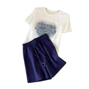 ชุดกีฬาผู้หญิงฤดูร้อน ชุดกางเกงขาสั้นสองชิ้น ผ้าฝ้าย คอกลม แขนสั้น เอวกลาง แฟชั่นเกาหลี ไฮเอนด์ ลดอายุ