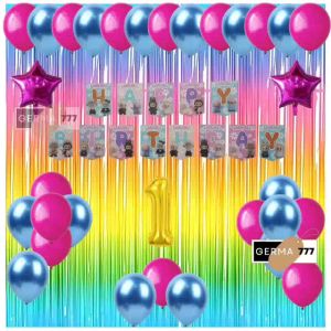 Paket Dekorasi Pesta Happy Birthday Labubu Balon Latex Pink Biru Muda