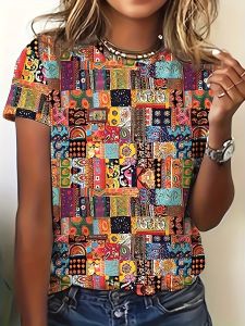 Vibrant Patchwork Womens Tee - Boho Mixed Pattern Graphic Colorful Ethnic Print Design for Casual Daily Wear