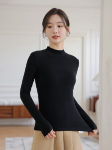 Miiow | Womens Thermal Merino Wool Long Sleeve Shirt Half High Collar Base Layer Top Korean Style Slim Fit Commute Fashion Autumn Winter