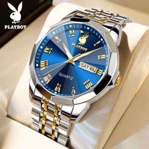 PLAYBOY ยอยสำหรับผู้ชายนาฬิกาแฟชันดั้งเดิม นาฬิกาข้อมือผู้ชายกันน้ำสแตนเลส หน้าปัดปฏิทินคู่เรืองแสง