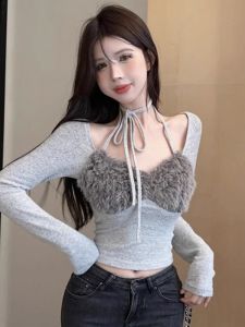 Sweet And Spicy Style Short Shoulder Baser Top Womens Spring Square Collar Clavicle Bared Neck Strap Long Sleeve Short Shirt