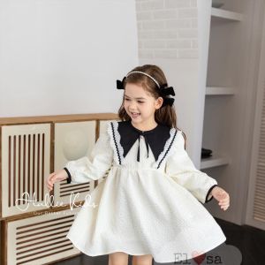 Váy bé gái dài tay mầu trắng cổ đen dập ly babydoll 8-30kg XHN1078