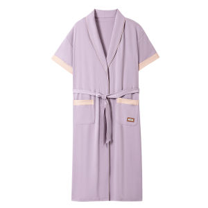 miiow | Pure Cotton Sleep Robe Womens Short Sleeve Long Version Mens Nightgown Simple Style Summer New Arrival Couples Knitted Cotton Pajamas