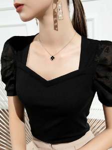 Summer 2025 French Style Bubble Sleeve T-Shirt Women Short Sleeve Pure Cotton Fashion Splicing Slim Fit Half Sleeve Top