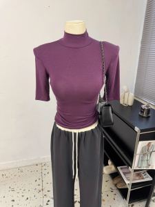 Elegant Half-high Collar Stand Collar Shoulder Pad Slim fit Half Sleeve T-shirt Women ~ Spring and Summer New Shoulder Pad Small Women Show Figure Bottoming