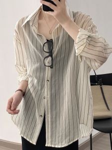 plus Size Womens Sun Protection Silk Shirt Hollow out Lightweight Striped Outerwear Casual Commute Korean Style Long Sleeve