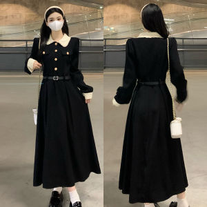 Váy Dài Chữ a Màu Đen Kiểu Pháp Cỡ Lớn Cho Nữ Mùa Thu Váy Dài Cạp Cao Dáng Chữ A Chất Liệu Polyester Dáng Dài