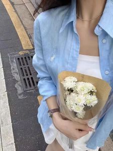 French Style Cotton and Linen Sun Protection White Shirt Womens Long Sleeve Thin Loose Outer Wear K-style Shirt Tencel Linen Tops Summer