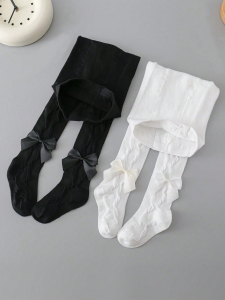 2 Pairs Pantyhose with Side Threaded BowknotsChildrens Soft Stretchy PantsCute Tights Kids Leggings for 1-12 Years Baby Girls