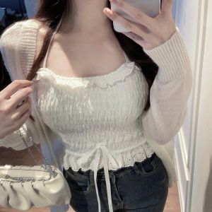 Wang Liuxian Superpraise [Halterneck Lace Sling] Pure Desire Wind Waist Trimming Short Tops Smocking Tube Top