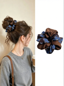ZUOOU | Elastic Satin Floral Hair Scrunchie Blue Brown