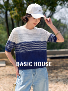 Basic House | Color-Block Crew Neck Jacquard Knit Sweater