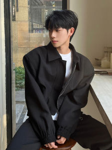 Black Shoulder Pad Jacket Mens Spring Autumn High Street Cleanfit Trendy Brand Handsome Jacket Short Loose Fit Teenager