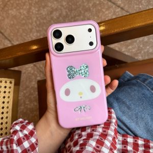 Sanrio | Cute My Melody IMD Glossy Phone Case Glitter Bow Soft Shockproof Cover For iPhone 16 Pro 15 17 Pro Max Girly Sweet Pastel Pink