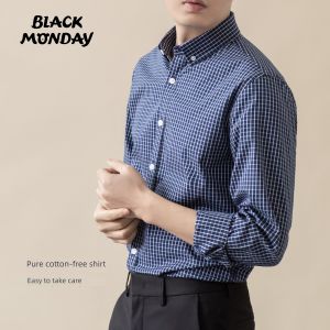 Pure Cotton Plaid Shirt Mens Long Sleeve Business Casual Shirt Easy Care Formal Liquid Ammonia Inch Shirt Standard Fit Black Monday