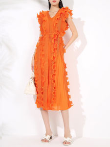 โนวาคุณภาพ⭐หนึ่งคนหนึ่งจีบ⭐ชุดผู้หญิงแบบจับจีบไฮเอนด์ใหม่ Miyake กระโปรงมีจีบแฟชั่นขนาดใหญ่ขอบหูทำจากไม้คอวีสีทึบแขนกุด