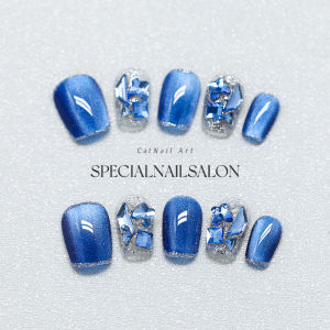 Blue Handmade Cat Eye Nail Art Wearable False Nails Short Style New Year Design Premium Feeling White Enhancing Nail Stickers
