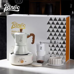 BINCOO ชุดหม้อโมก้าวาล์วคู่คู่มือ Penggiling Kopi ขนาดกะทัดรัดกล่องของขวัญ
