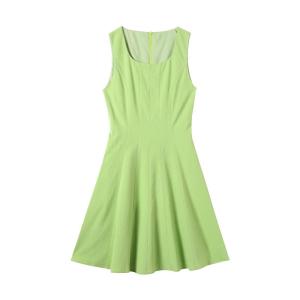 LANGPIN | ชุดเดรสคอเหลี่ยมทรงเอเข้ารูปเอวสูง แขนกุด ผ้าผสมคอตตอนและไนลอน ชุดเดรสฤดูร้อนสำหรับผู้หญิง สไตล์เรียบง่าย สไตล์ย้อนยุค