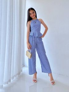 Chic Checkered Terno Pants Set for Girls Sleeveless Top & Wide Leg Pants Set Perfect for Casual Wear & Everyday Style