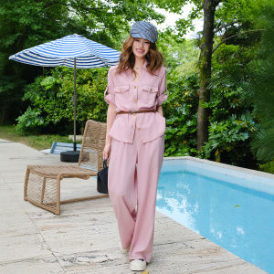 Tencel Linen Set Women Pink Workwear Shirt Wide Leg Pants Business Attire