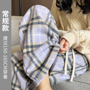 Pink Plaid Woolen Trousers Womens Spring Autumn Winter Fleece Lined Cotton Loose Straight Casual Wide Leg Pants