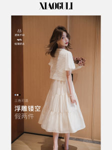 Kimono Style Hollow out Short Sleeve V-Neck A-Line Long Dress Womens Summer Autumn New Fashion Bubble Sleeve Fake Two-Piece Dress