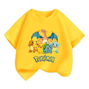 Bandai | Pokémon Firestone Jyneturtle Pikachu Toadseed Small Fireball Dragon Boys and Girls T-shirt Summer Childrens Shirt