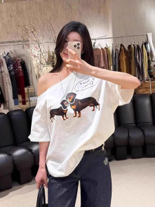 Summer Fun Print Sausage Dog Shoulder Bared Short Sleeve T Shirt Women Loose Feeling Comfortable Slimming Asymmetrical Slope Shoulder Top
