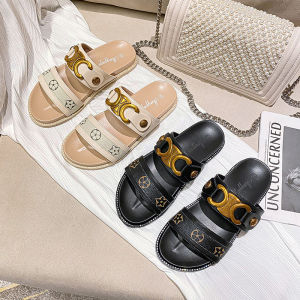 Thick Heel Slippers Womens Summer Outdoor Wear Retro Fashion Buckle Flat Bottom Shoes Casual Pure Color Metal Element Sandals