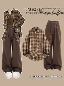 plus Size Early Autumn Mermaid Set Womens Strap Vintage Plaid Shirt High Waist Slimming Denim Workwear Pants Three-piece Set