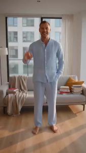 Mens Linen Casual Two-Piece Set Stand-Up Collar Shirt + Loose Trousers