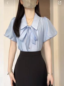 Blue Short Sleeve Shirt Womens Summer Chiffon Design Professional Formal Wear Teaching Recruitment Interview Outfit Korean Style Straight Cut