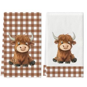 2Pcs Brown Plaid Cute Cow Kitchen Towels 40Cm*60Cm Towel Set Super Absorbent Soft Cleaning Cloth Cooking and Baking Tea Towel Hand Towel Cleaning Cloth Dishwashing Cloth Kitchen Decoration Living Room Decorations Kitchen Essentials Home Esse...