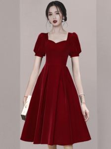 Red Wedding Dress Womens Elegant Long Skirt Spring Summer Marriage Return Home Ceremony Short Sleeve A-Line Gown for Party