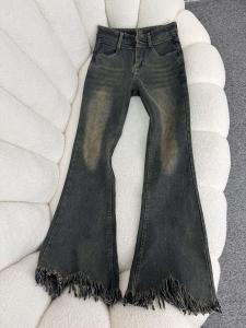 Retro Blue Bell Bottom Frayed Tassel Elastic Denim Jeans Womens High Waist Slimming Long Pants Casual Style High Waist Fit