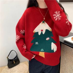Stylish Red Christmas Sweater Womens Autumn Winter Lazy Style Knitted Shirt Beautiful Warmth Long Sleeve round Neck Cashmere